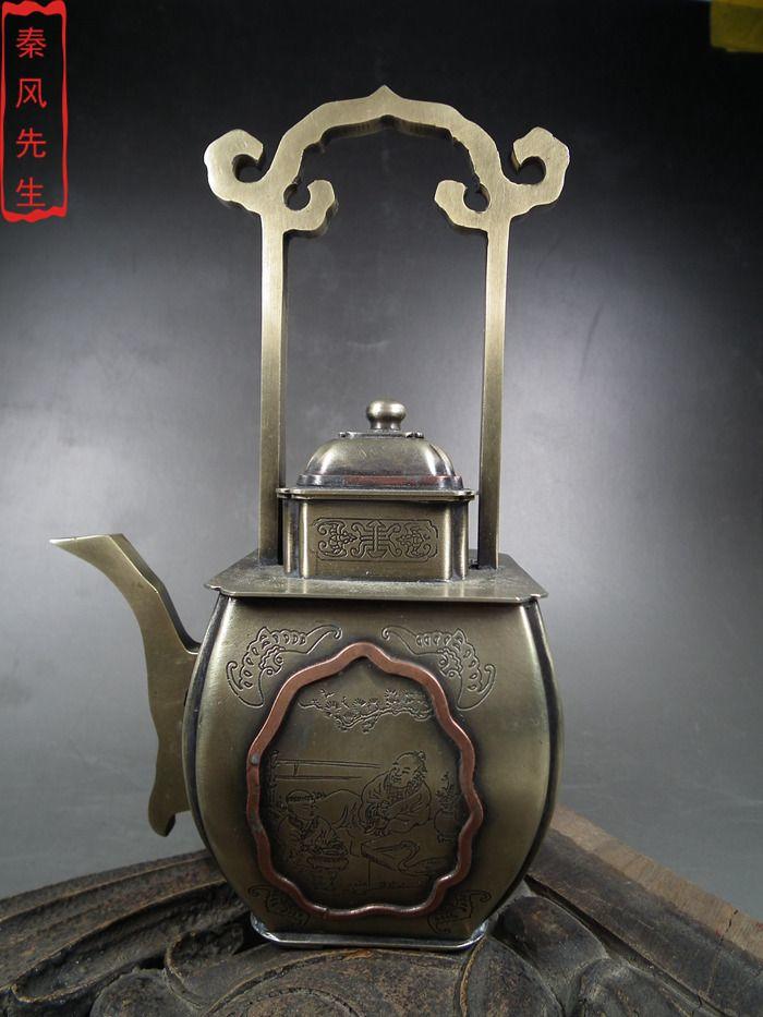 清代'精工'白铜镶嵌黄铜錾刻老翁童子蝙蝠高提