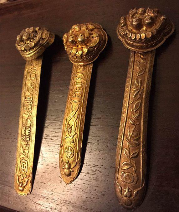 漂亮的全品银鎏金如意头人物银簪子3个_漂亮