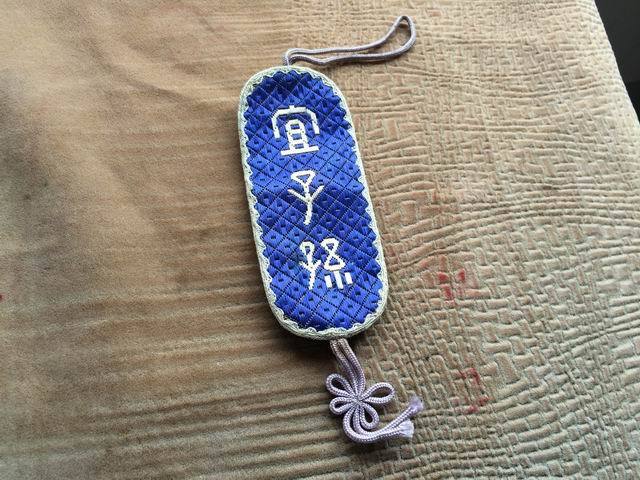 晚清民国苏绣蓝地宜子孙眼镜套,背面四叶草,