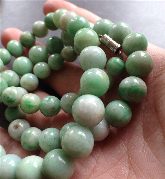 【玉泉文玩】D379-清代老坑白地青翡翠珠串_