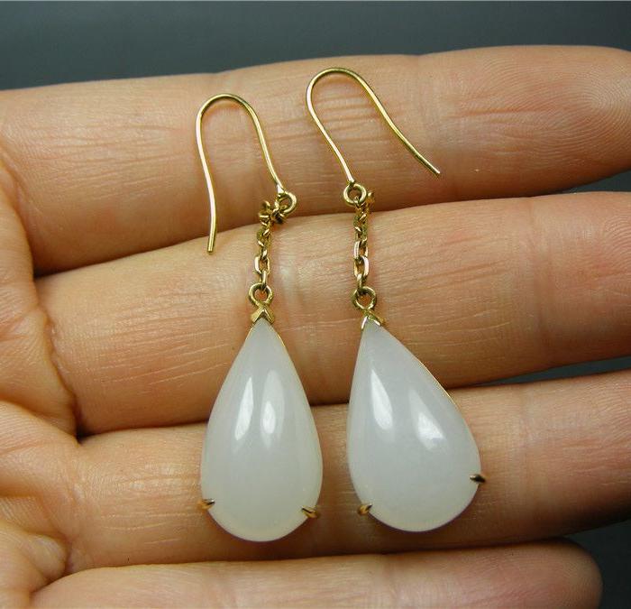 正宗俄罗斯一级白玉镶24K黄金水滴形大耳坠一