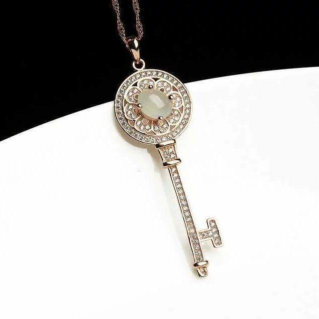 925银镀金A货冰种翡翠钥匙吊坠_925银镀金A