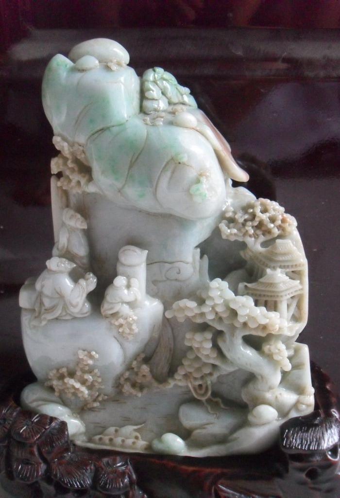 缅甸老坑A货翡翠山水人物松树《山子》小摆件