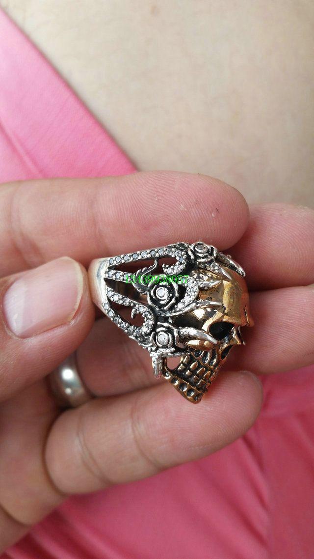 纯银尼泊尔纯手工打造镶钻鎏玫瑰金骷颅头戒指