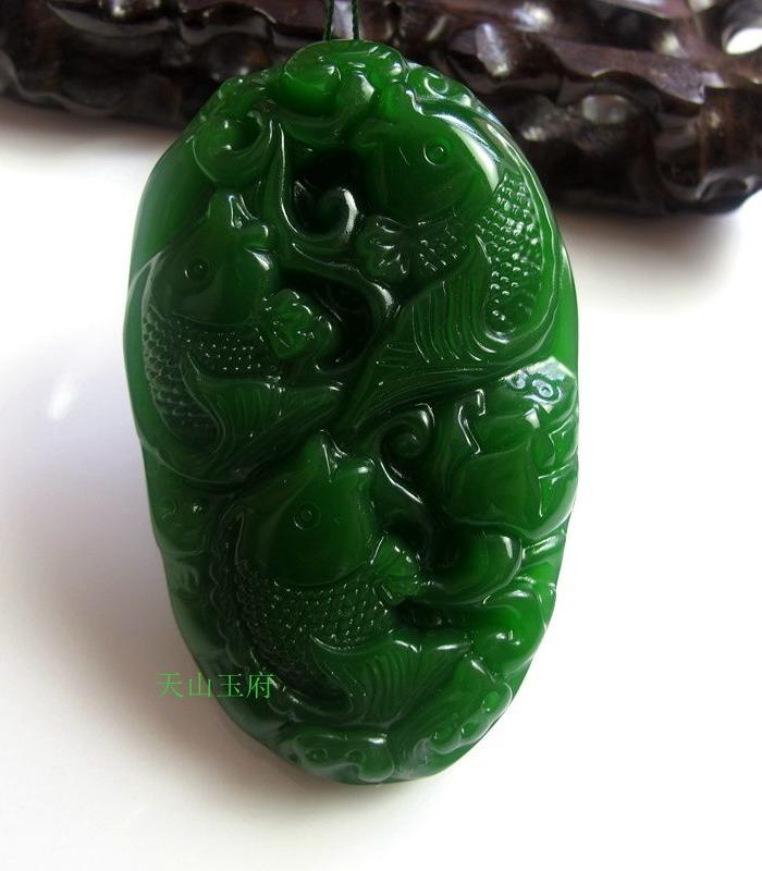 正品新疆和田玉碧玉手把件连年有余 菠菜绿 和
