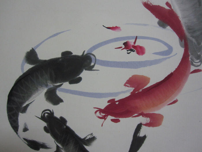 特价三尺竖幅国画风水鱼六条鱼六顺图_特价三