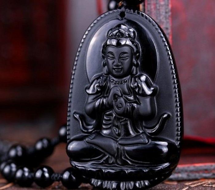正品玉石天然黑曜石吊坠 大日如来观音菩萨挂