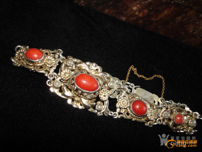 欧洲淘回十八世纪贵族银鎏金镶嵌天然深海珊瑚珍珠手链(孤品)