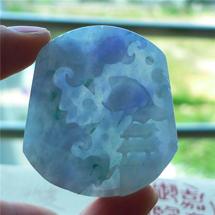 唯美珠宝~翡翠A货紫罗兰飘绿年年有余吊坠44