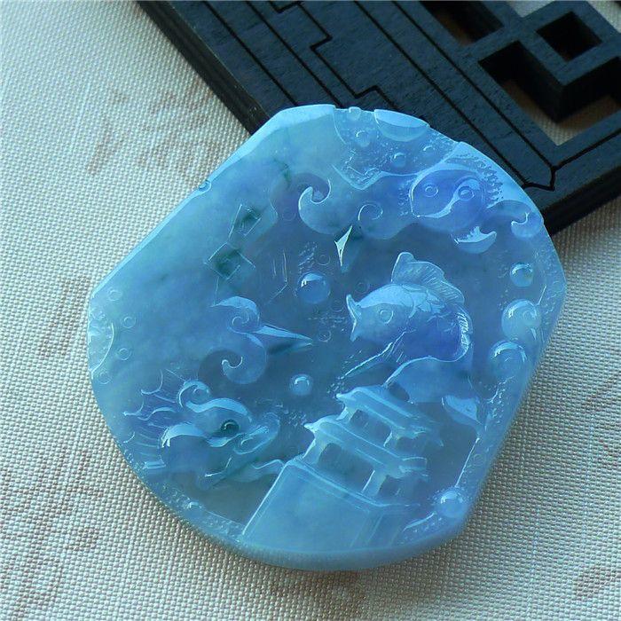 唯美珠宝~翡翠A货紫罗兰飘绿年年有余吊坠44