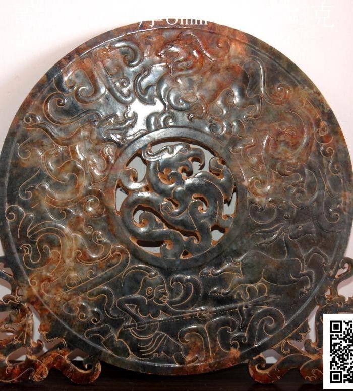 汉代和田碧玉大件双面高浮雕满沁人物故事玉璧