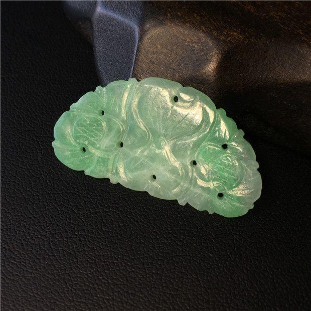 【玉格格】D308清代冰糯种老翡翠荷莲佩花片