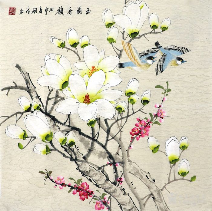 莫砚清 真迹 手绘国画字画 小写意玉兰花四尺斗方花鸟