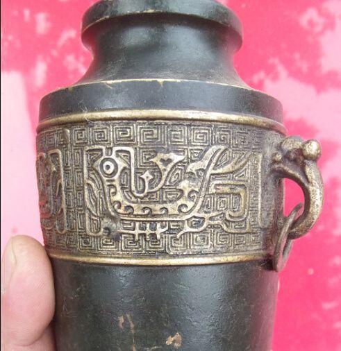 收来的检漏 古老双耳吊环浮雕凤图腾铜瓶 摆件