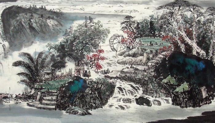 彭文章小六尺手绘国画山水水乡 山寨金秋等_彭