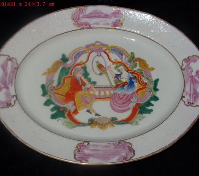 清代广彩描金外国人物故事纹椭圆形盘_清代广