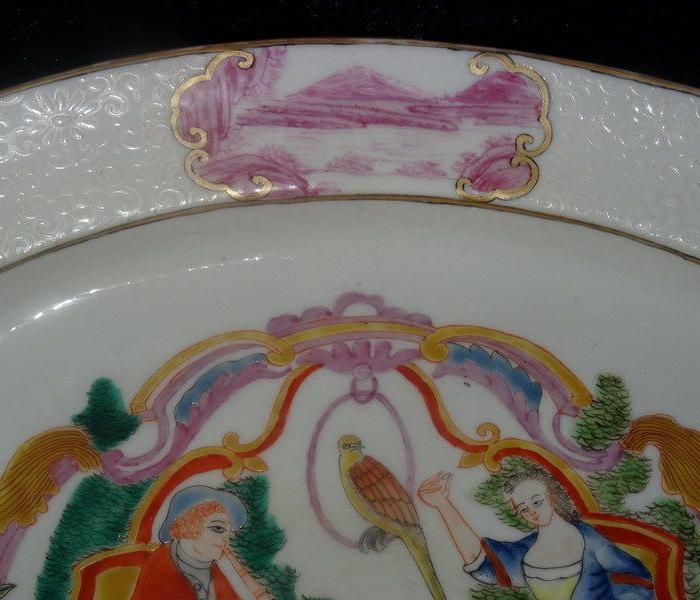 清代广彩描金外国人物故事纹椭圆形盘_清代广