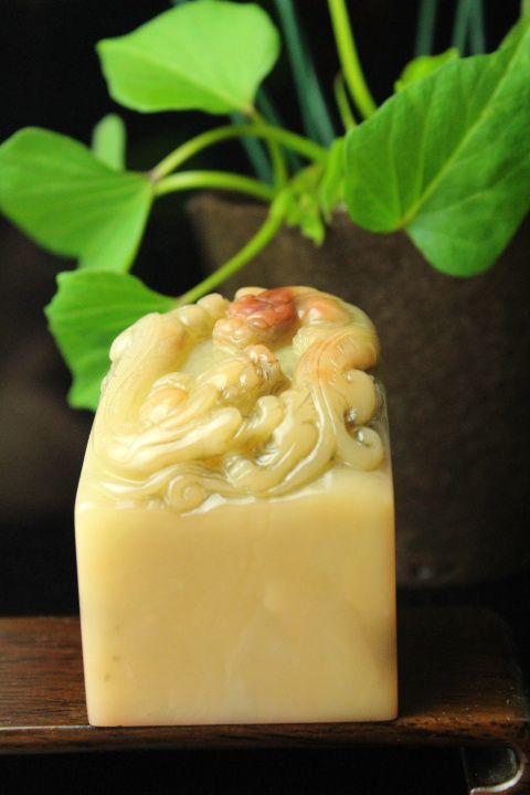 品寿山俏色螭虎芙蓉石老印章印文:处世接物,当