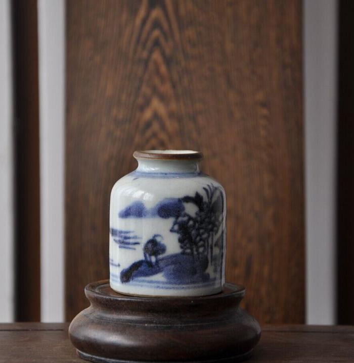 出土清中期青花山水人物水盂_出土清中期青花
