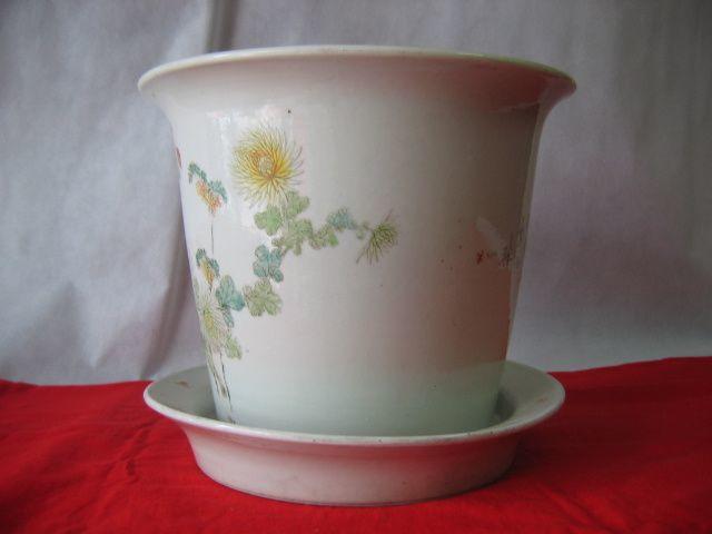 民国瓷绘小名家冯新华作品粉彩花鸟纹带原配盆