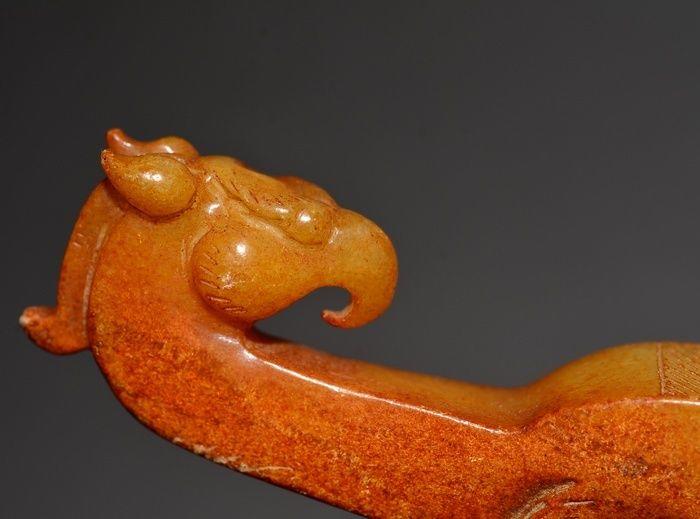 老玉高古和田玉红玉春秋时期龙凤兽头如意钩_