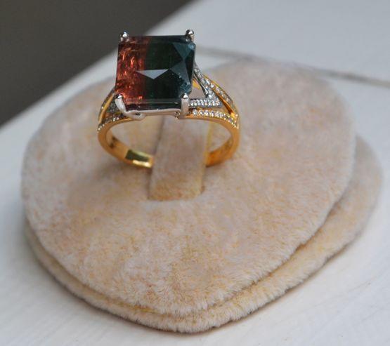 【西瓜碧玺戒指】天然西瓜碧玺镶南非钻石18