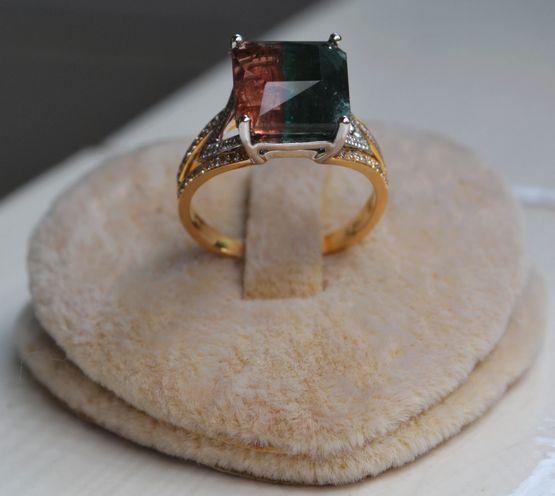 【西瓜碧玺戒指】天然西瓜碧玺镶南非钻石18