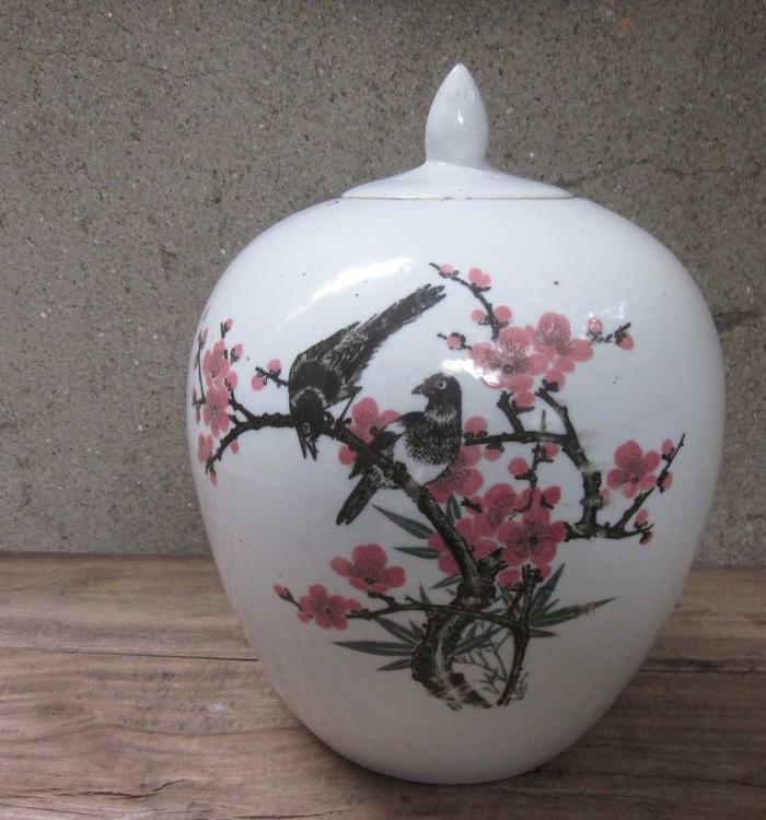 醴陵喜鹊红梅冬瓜盖罐_醴陵喜鹊红梅冬瓜盖罐