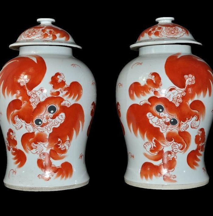 民国 包老包真 红柚双狮 将军罐一对_民国 包老