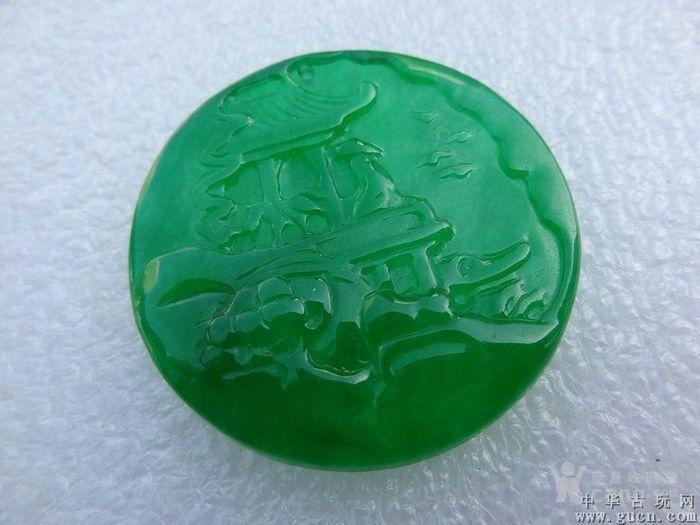 明清时期缅甸翡翠满翠高冰种山水玉佩_明清时