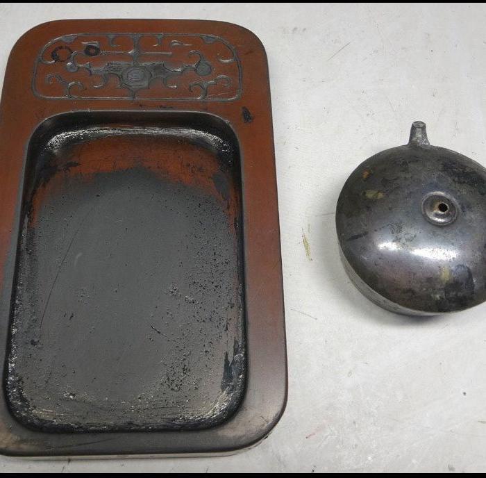 447-日本回流中国古文房具-方砚-水滴-带老红木