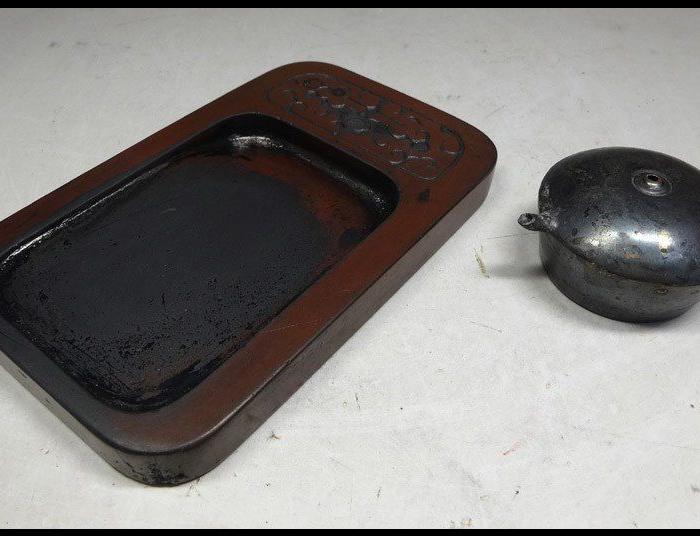 447-日本回流中国古文房具-方砚-水滴-带老红木