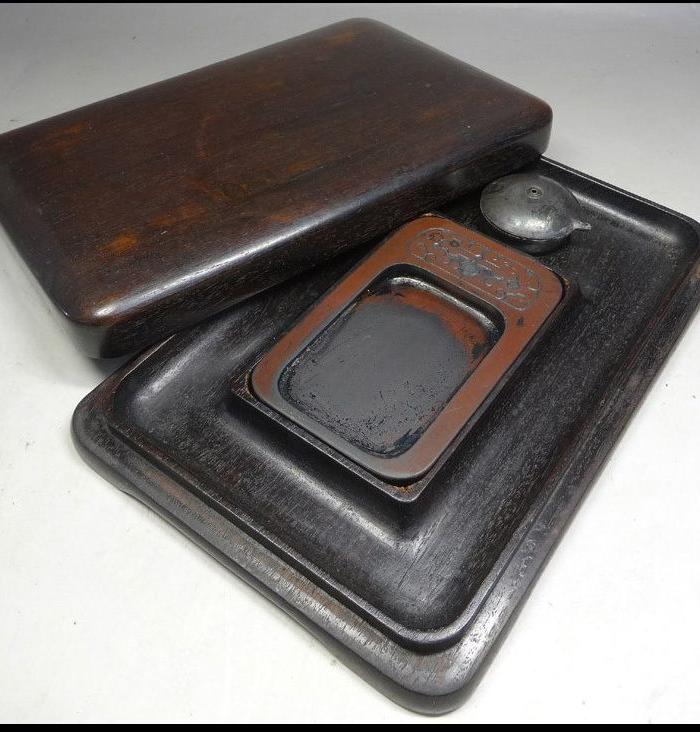 447-日本回流中国古文房具-方砚-水滴-带老红木