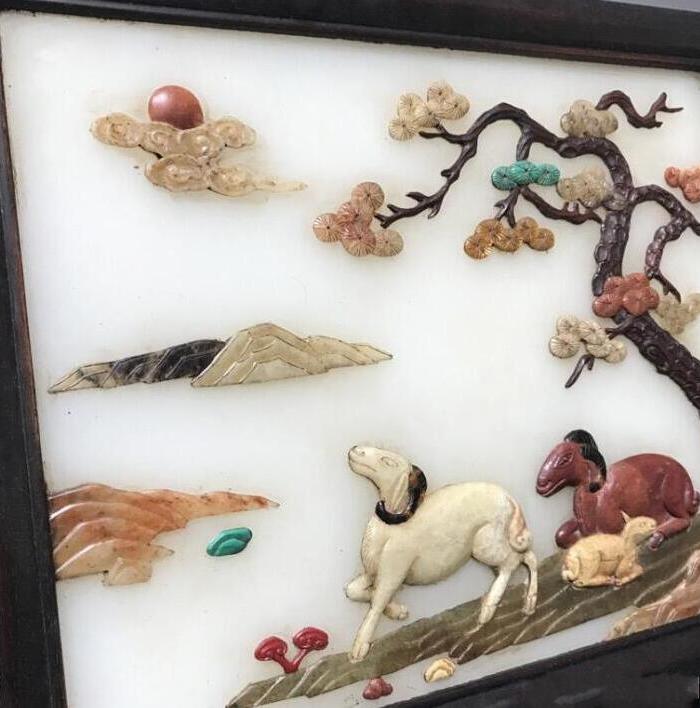 古玩古董 血檀木镶多宝镶玉花开富贵首饰盒珠