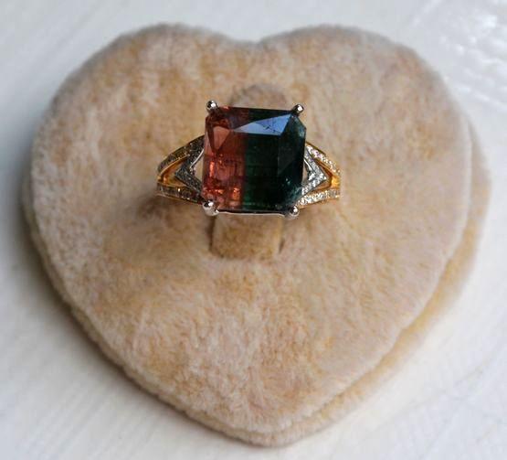 【西瓜碧玺戒指】天然西瓜碧玺镶南非钻石18