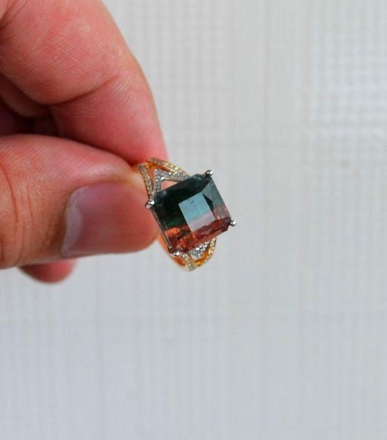 【西瓜碧玺戒指】天然西瓜碧玺镶南非钻石18