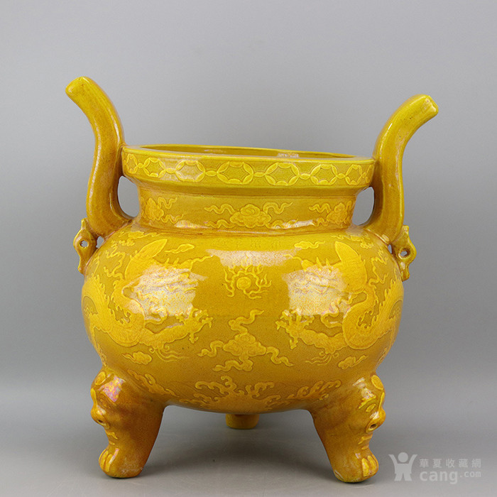 老瓷器精品大明永乐年制款黄釉雕双龙纹三足大鼎 古玩古董