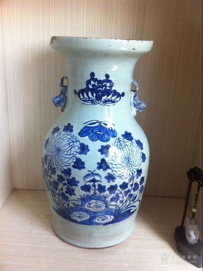 清代瓷器 清代豆青青花加白赏瓶 清代花瓶 包老保真