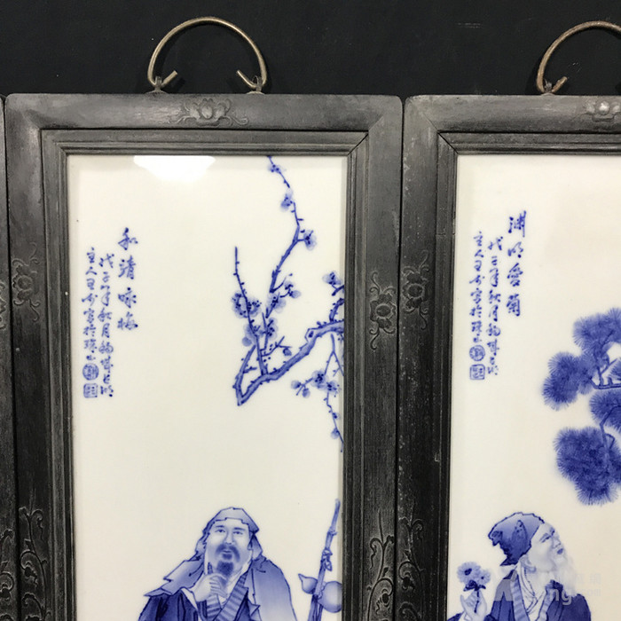 王步青花四爱图二尺四四条屏瓷板画