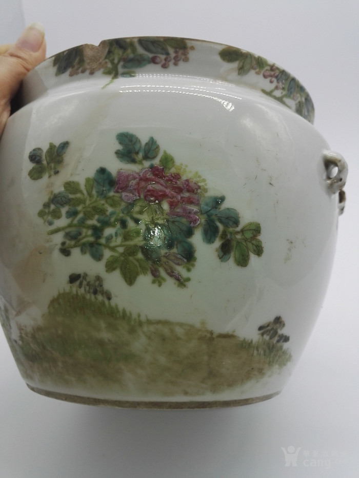名家江子钰作浅绛彩花鸟大号粥罐底