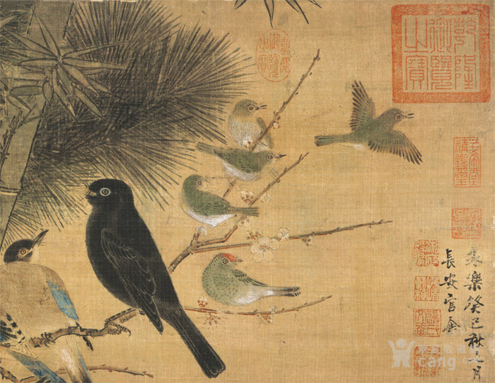 明 边景昭 三友百禽图 绢本已装裱挂轴