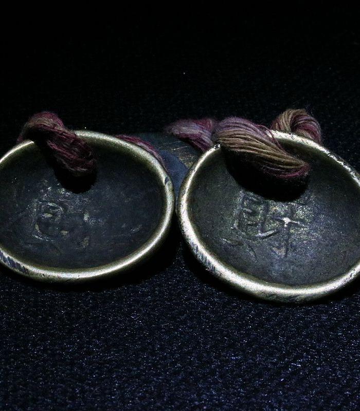 清代老铜贝壳形财字款卜卦圣杯一对带原配老铜