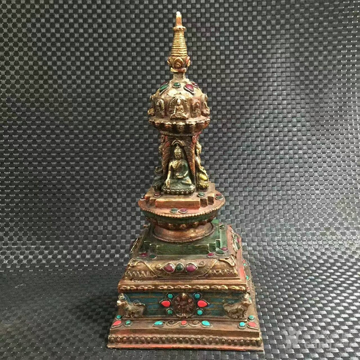 藏传佛教尼泊尔佛塔松石镶嵌纯铜佛像