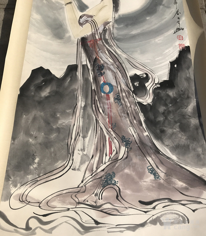 早期大师手绘 国画 貂蝉拜月 四尺手绘人物画 画工精湛
