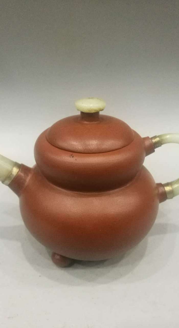 收来的大师作品玉手柄紫砂壶 葫芦玉紫砂壶_收