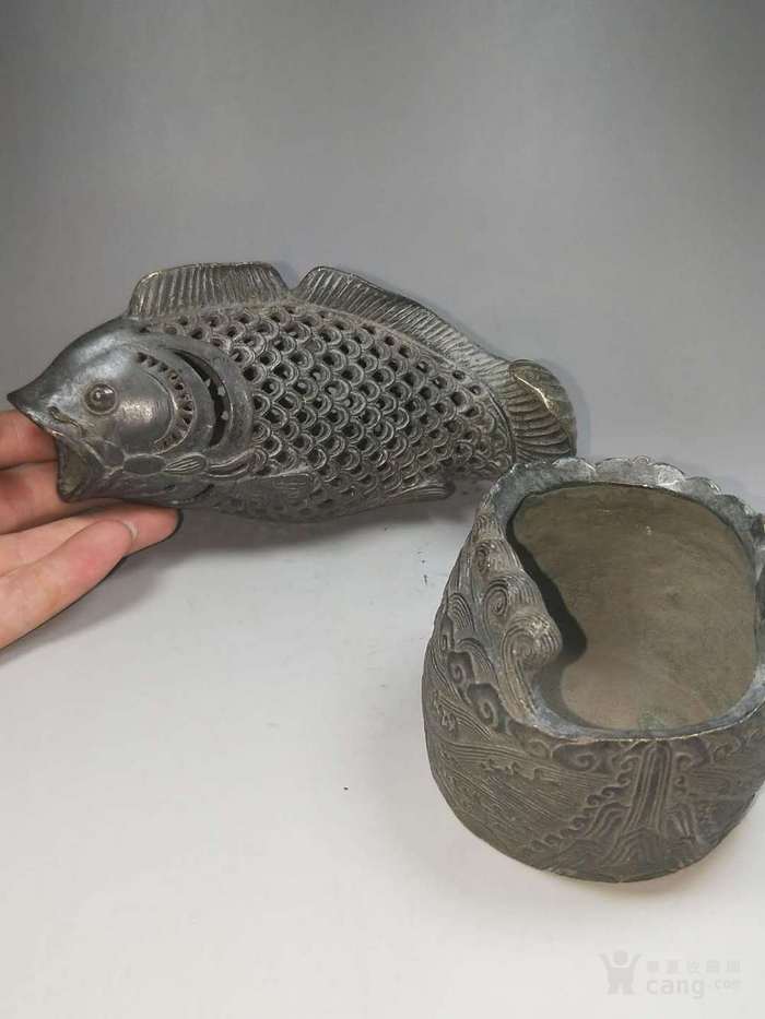清代铜熏香炉,造型鲤鱼跃龙门寓意美好,包浆浑