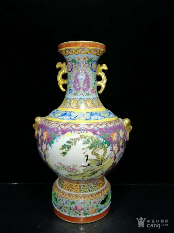 大清雍正御制珐琅彩开窗花鸟双耳瓶 古玩古董古瓷器老
