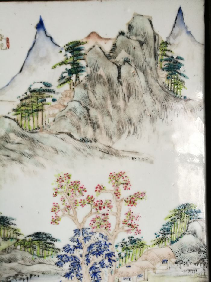 浅绛名家江子钰山水瓷板