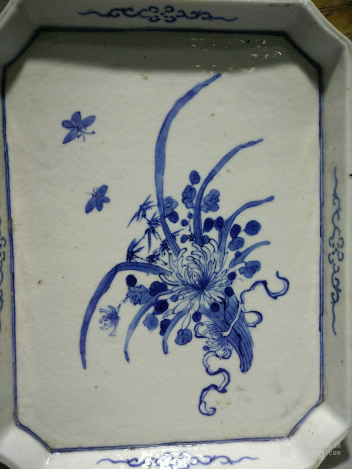 清代 青花瓷极为文人文人绘制的兰花蝴蝶图书房文盘