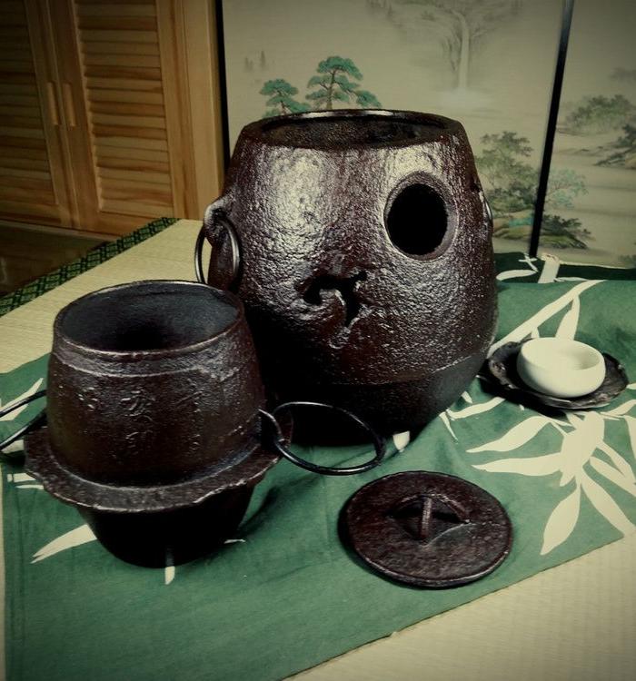 551 茶道具日本铸铁汉诗文老茶饭风炉釜一套